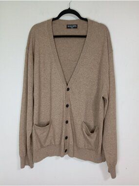 Kallspin Mens Beige Cardigan XXL Cashmere Wool Blend Button-Up With Pockets